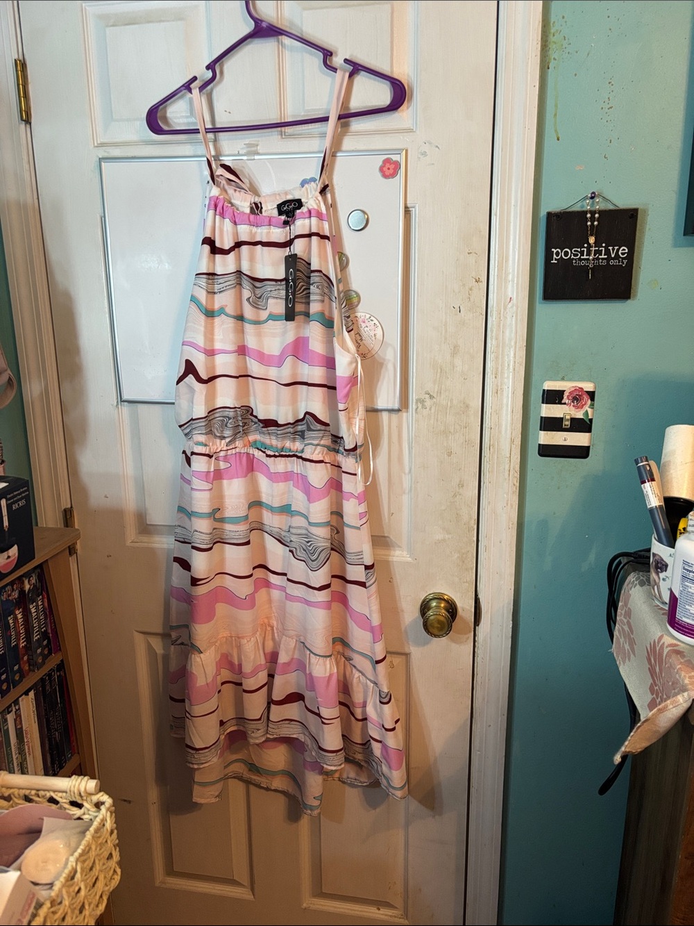 GIGI White Midi Dress with Pink, Blue and Brown Waves Size Large